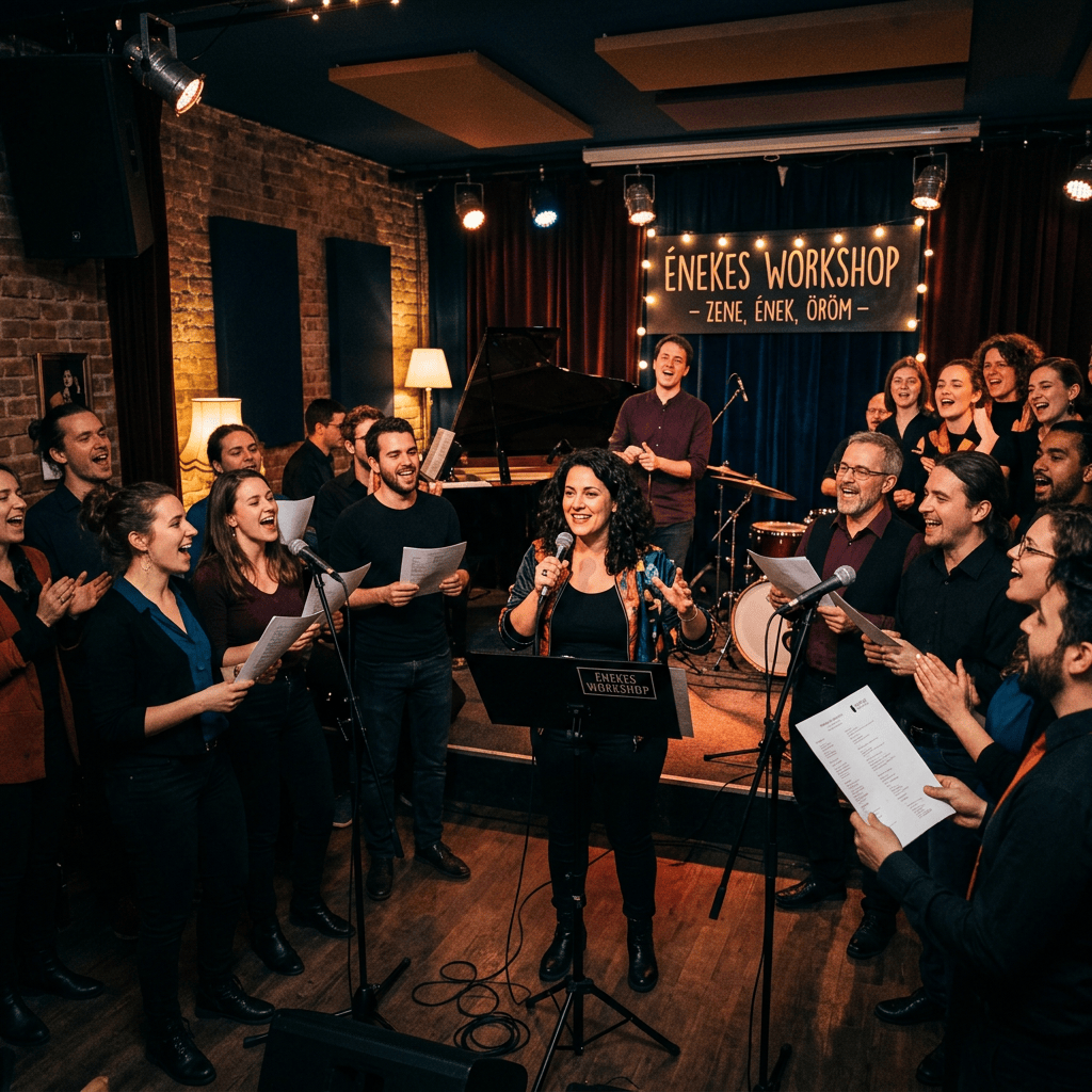 Group singing around microphones during an Énekes Workshop
